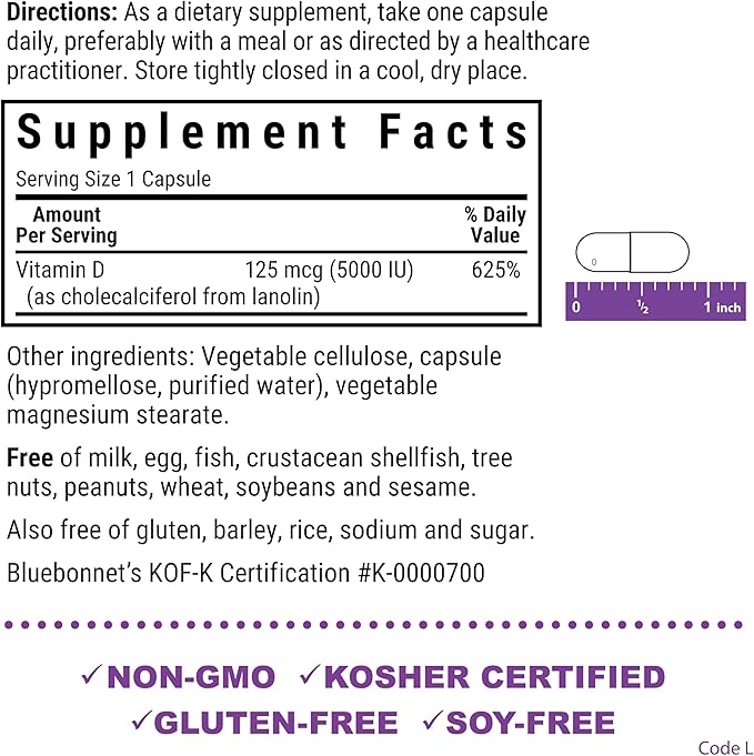 Bluebonnet Vitamin D3 5000 IU 125 mcg - Strong Bones &amp Immune Support Supplement for Women &amp Men* Soy-Free Gluten-Free Non-GMO Vegetarian - Highly Absorbable Vitamin D - 120 Veggie Capsules