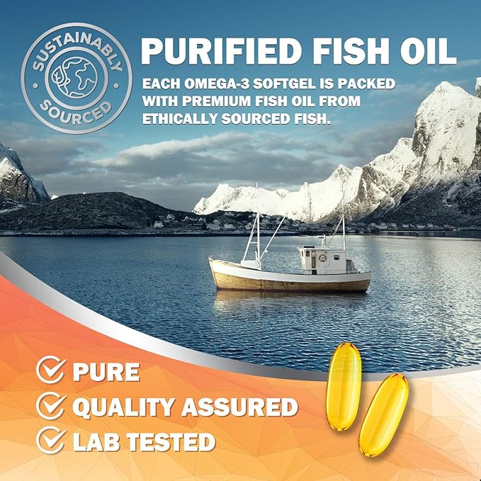 Omega 3 Fish Oil Supplements - 2400mg Fish Oil Per Serving - Triple Strength Omega-3 with EPA &amp DHA Fatty Acids - Natural Heart Brain &amp Immune Support - Wild Caught Bottled in USA - 180 Soft
