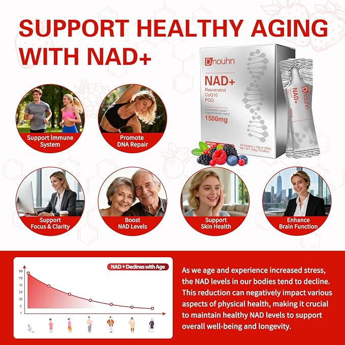 NAD Liquid Supplement 1500mg Nicotinamide Riboside &amp Resveratrol with PQQ NAD Supplement for Women &amp Men Boosts Cellular Energy Anti-Aging Immune Focus 30 Packets