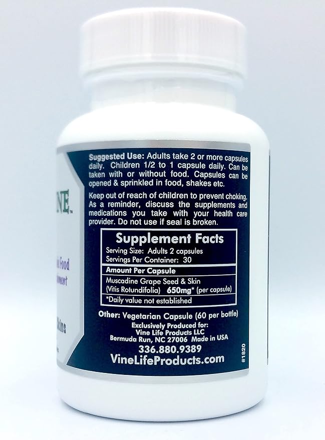 VineLife Muscadine Grape Seed &amp Skin 650mg - 60 Veggie Capsules - Antioxidant Superfood - 1300mg Per Serving - Natural Resveratrol