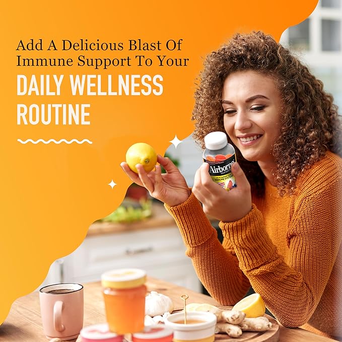 Airborne 750mg Vitamin C Gummies for Adults Immune Support Gummies with Powerful Antioxidants VIT C &amp E Caffeine Free - 2x63ct Bottle (42 Servings) Assorted Fruit Flavor