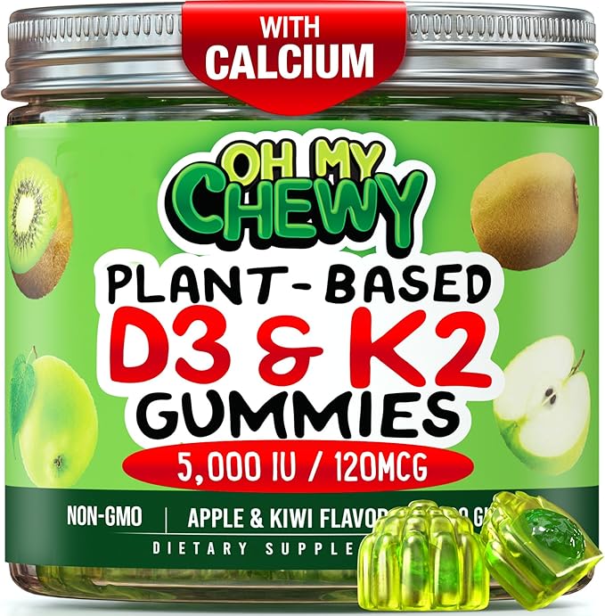 Center-Filled Vitamin D3 K2 &amp Calcium Gummies - Supplement for Healthy Teeth Bone &amp Energy - 5000 IU D3 120 mcg K2(MK-7) 120 mg CA - Vegan &amp Non-GMO - 60 Count
