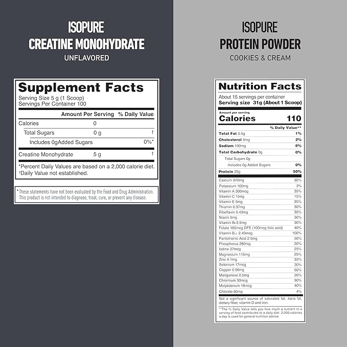 Isopure Bundle of Zero Carb 100% Pure Whey Isolate Protein Powder Cookies &amp Cream 25g Protein Per Serving 1 Lb 15 Servings + Isopure 100% Pure Creatine Monohydrate Powder 100 Servings
