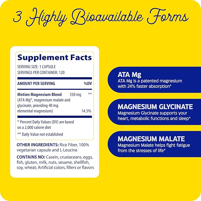 Enzymedica Magnesium Motion with 3 Forms of Magnesium ATA Mg Glycinate Malate Soothes Occasional Aches Supports Bones &amp Muscles 120 Capsules