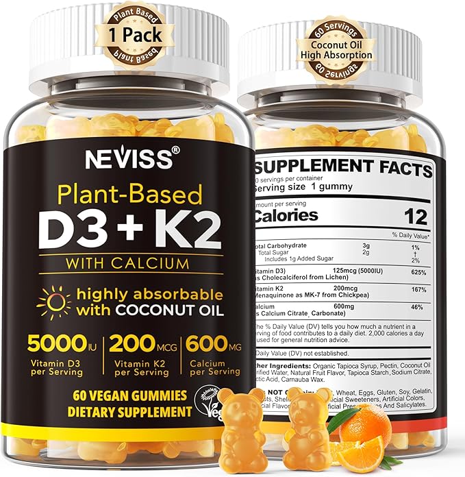 Vitamin D3 5000iu &amp K2( as MK7 ) 200mcg Gummies + 600mg Calcium with Coconut Oil for High Absorption Maximum Strength Vitamin D3 K2 Supplement - Support for Bones Muscle Teeth Immune Vegan 60 C