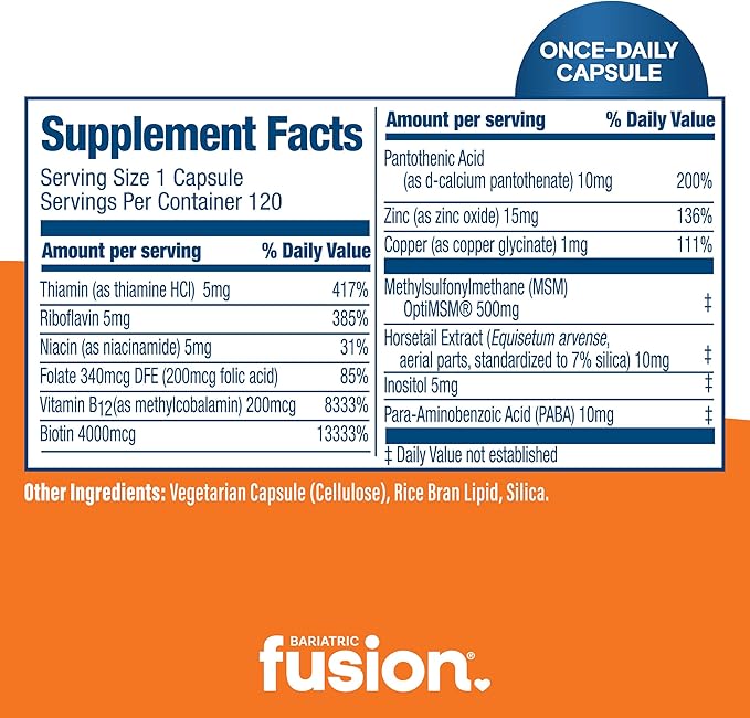 Bariatric Fusion ONE Per Day Bariatric Hair Skin and Nails Vitamins REJUVENATOR for Women | Vegan Hair Growth Vitamins with Biotin Vitamin B12 and B1 | Easy to Swallow | 120 Capsules
