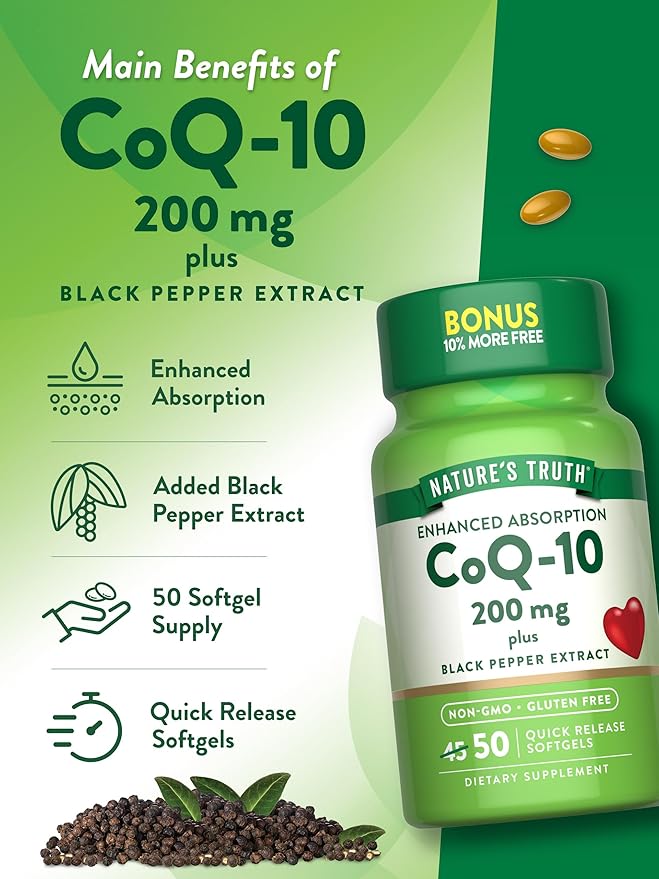 Nature's Truth CoQ10 200mg Softgels | 50 Count | Enhanced Absorption Supplement | Plus Black Pepper Extract | Non-GMO Gluten Free