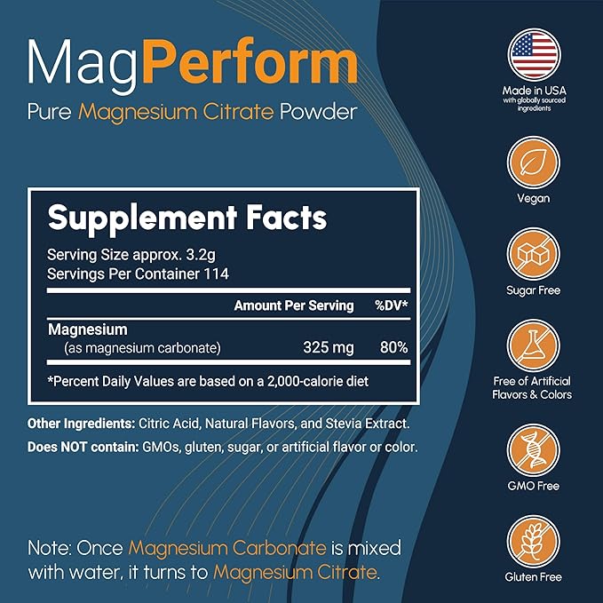 MagPerform Magnesium Citrate Powder - Natural Calm &amp Anti-Stress Drink Mix Supports Relaxation Restful Sleep &amp Calm Mornings - Non-GMO Vegan &amp Gluten-Free - Sugar Free Raspberry Lemon