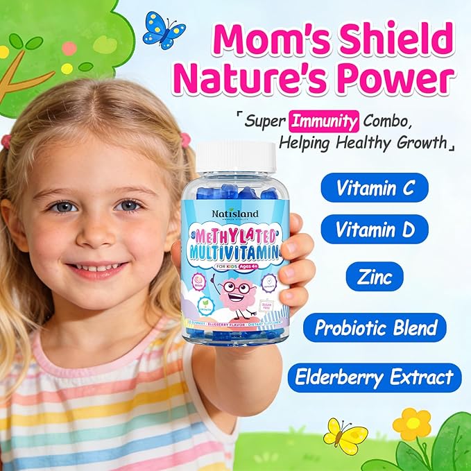 Kids Methylated Multivitamin - Chewable Multivitamin for Kids &amp Teens 4+ With L Methylfolate Vegan Omega-3 Zinc Probiotics &amp Elderberry Immune Support Brain Health MTHFR Supplement 2PC