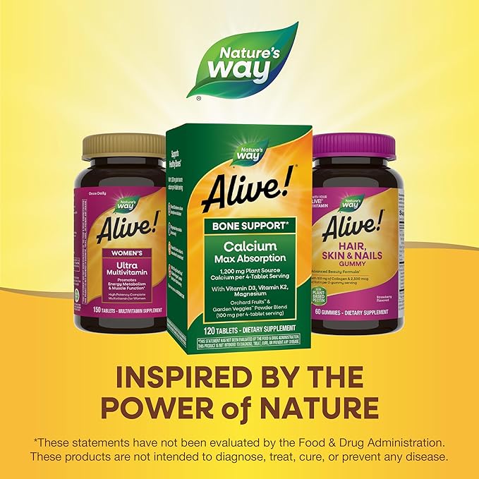Nature’s Way Alive! Calcium Bone Support Tablets* Max Absorption Calcium Supplement with Vitamins D3 K2 &amp Magnesium Promotes Bone Health and Bone Density* Gluten Free 120 Tablets