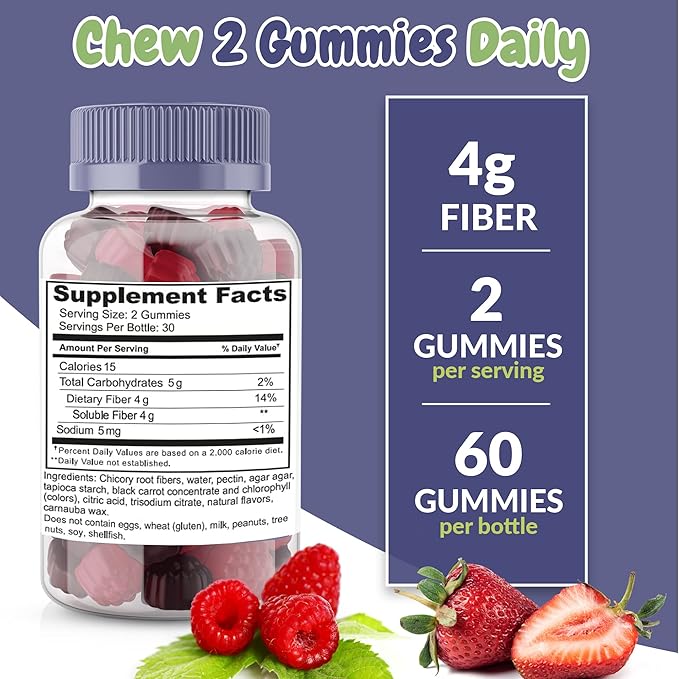 Health Supplied Mixed Berry Flavored Prebiotic Fiber Gummies - Supports Digestive System Gut Cleansing Constipation Relief - Assists with Weight Loss Plan - Great Tasting and Easy to Swallow