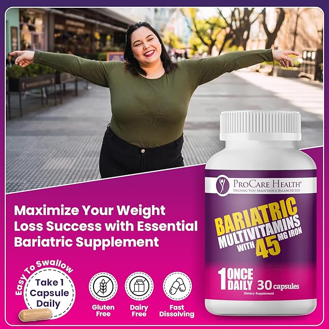 ProCare Health Bariatric Multivitamin with 45mg Iron (30 Easy to Swallow Capsules) - Once Daily Post-Op Support for Gastric Bypass &amp Sleeve with 1 Month Supply No Artificial Colors Gluten-Free