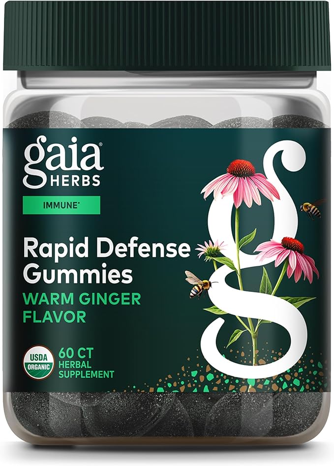 Gaia Herbs Rapid Defense Gummies - Supports Immune Health* - with Propolis Ginger &amp Echinacea - USDA Organic - 60 Vegetarian Gummies (30 Servings)