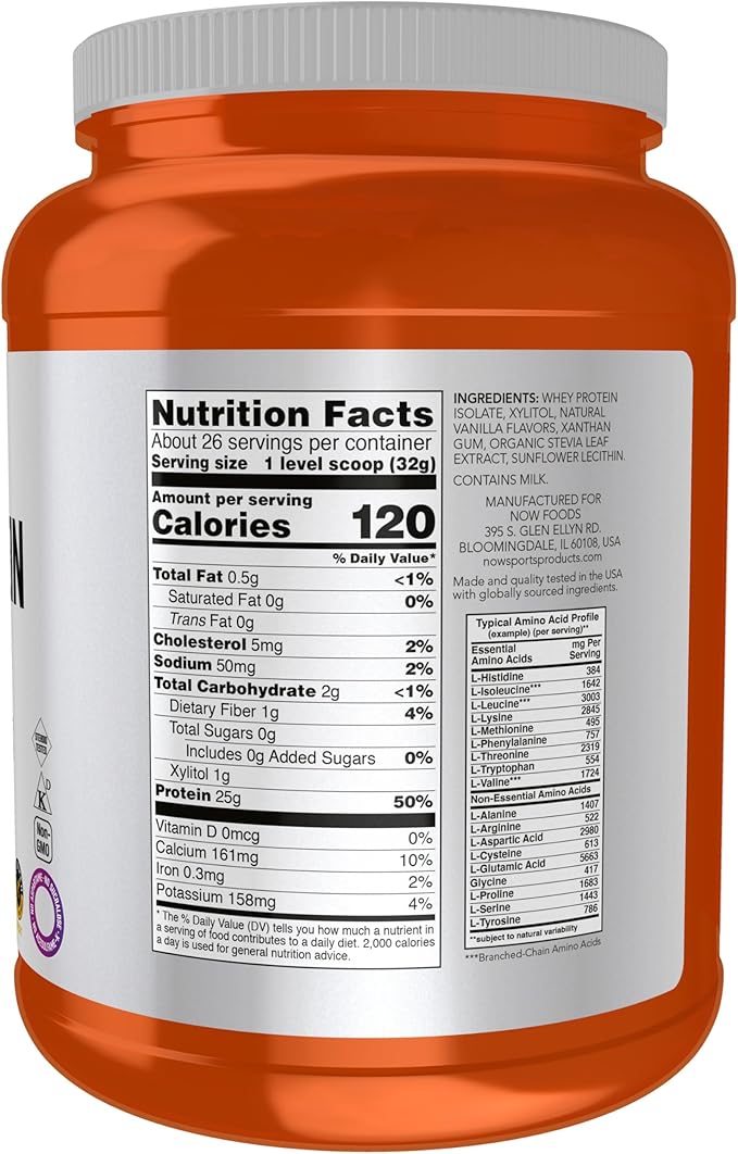 NOW Foods Sports Nutrition Whey Protein Isolate 25 G With BCAAs Creamy Vanilla Powder 1.8-Pound