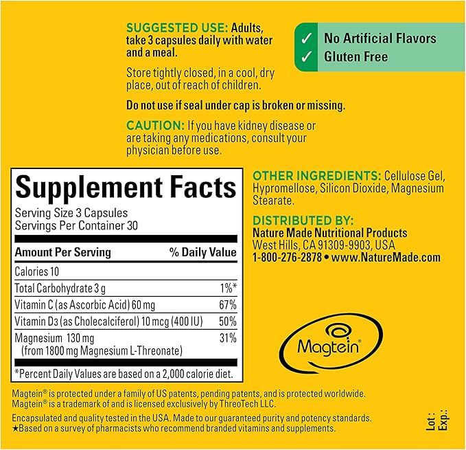 Nature Made Magnesium L-Threonate with Vitamin C &amp Vitamin D3 Provides 130 mg of Mag from 1800 mg Magnesium L Threonate Cognitive Support Magnesium Supplement 90 Capsules 30 Day Supply