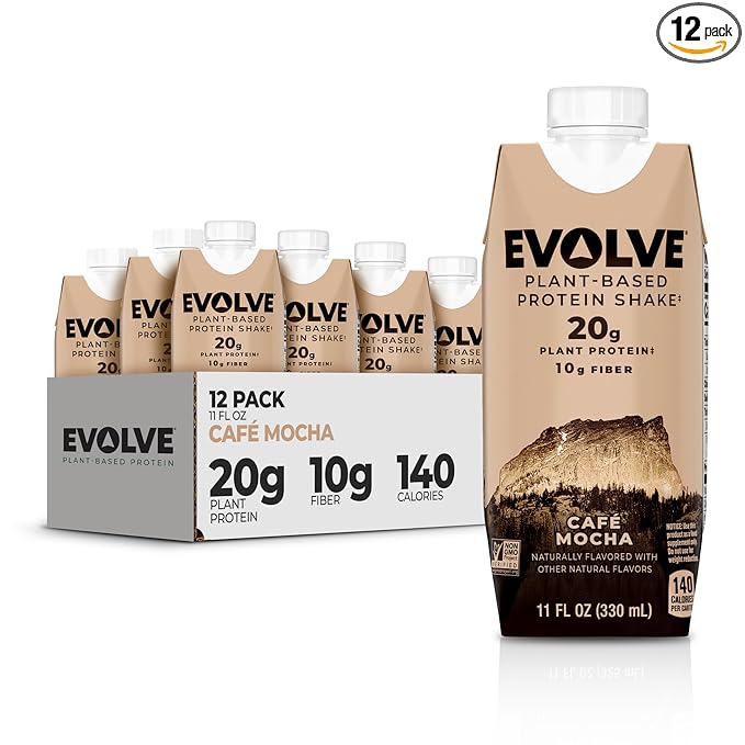 Evolve Plant Based Protein Shake Café Mocha 20g Vegan Protein Dairy Free No Artificial Sweeteners Non-GMO 10g Fiber 11oz (12 Pack) (Formula May Vary)