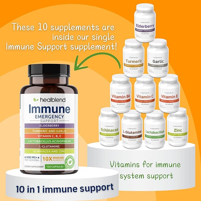 healblend 10 in 1 Immune Support Supplement Booster with Elderberry Zinc Echinacea Turmeric Lactobacillus Acidophilus for Adults [120 Capsules]