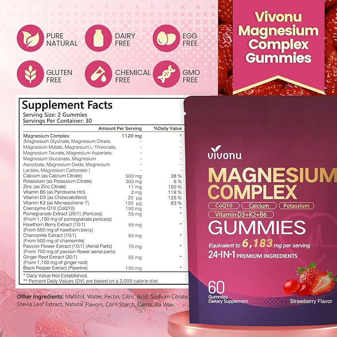 24-in-1 Magnesium Gummies 6183mg Magnesium Complex for Women and Men &amp Kids with Magnesiums Glycinate Citrate Malate Vitamin D3 K2 CoQ10 Zinc Potassium Sleep Heart Support Strawberry 2 Ba