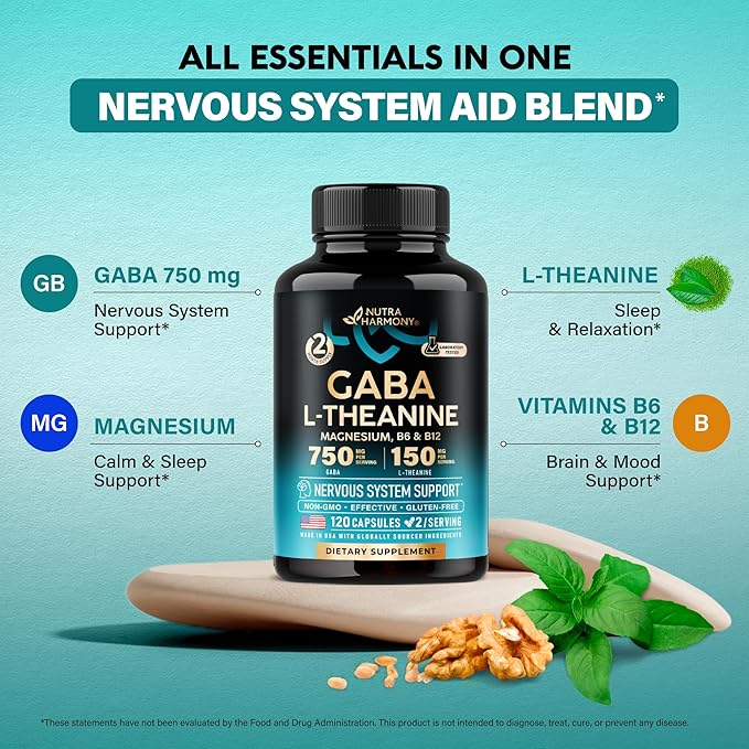 GABA L-Theanine 900 mg - Made in USA - Magnesium | Vitamin B6 - Calm Sleep Relaxation &amp Mood Support - 750 mg Gamma AminoButyric Acid 150 mg L-Theanine - Non-Habit Forming Vegan - 120 Capsules