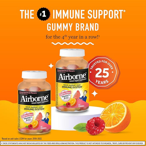 Airborne 750mg Vitamin C Gummies for Adults Immune Support Gummies with Powerful Antioxidants VIT C &amp E Caffeine Free - 2x63ct Bottle (42 Servings) Assorted Fruit Flavor