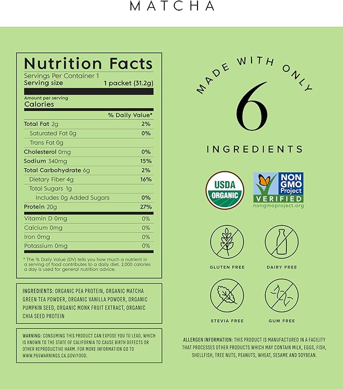 Truvani Vegan Pea Protein Powder | Matcha | 20g Organic Plant Based Protein | Single Serving Travel Packets | 10 Servings | Keto | Gluten &amp Dairy Free | Low Carb | No Added Sugar