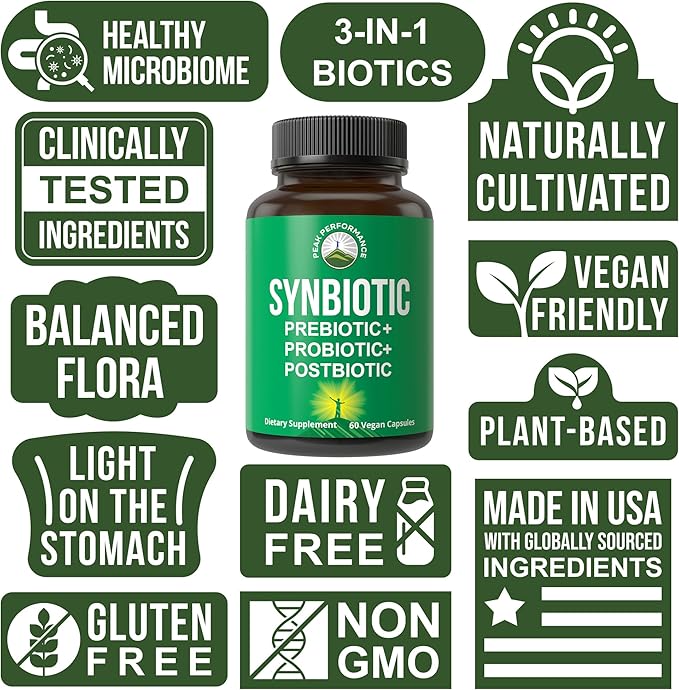 Synbiotic = Prebiotic + Probiotic + Postbiotic 3-in-1 Supplement with Clinically Tested Ingredients - Pre and Probiotics Plus Important Tributyrin Postbiotics for Gut - Vegan Capsules for Women + Men