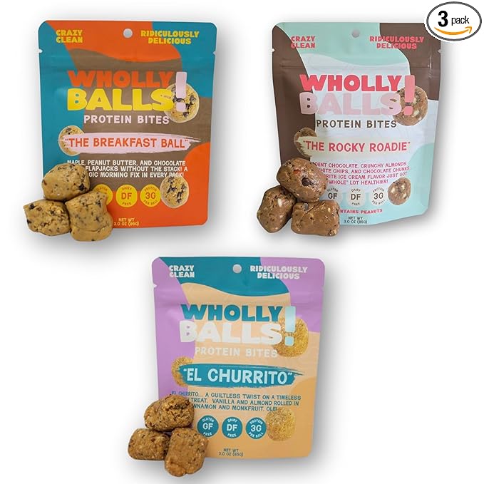 Wholly Balls Protein Bites – Healthy Plant-Based Snack | High Protein Low Sugar Gluten-Free Energy Balls (Pack of 3 Triple Threat)