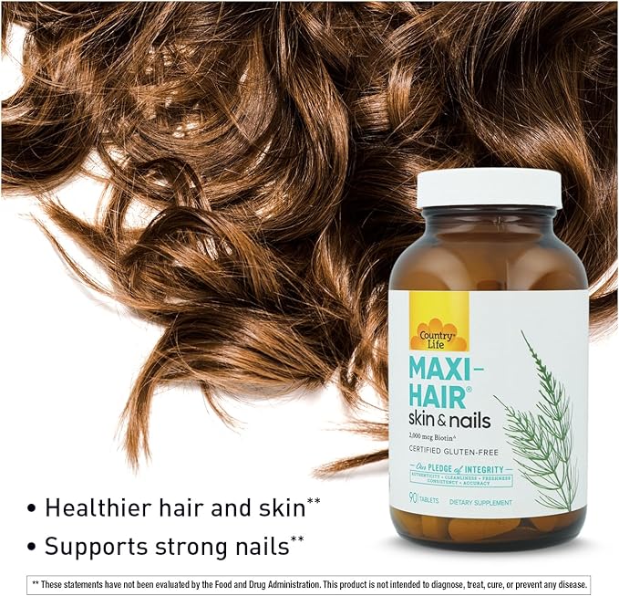 Country Life Maxi-Hair-Skin &amp Nails-2000 mcg of Biotin PABA Free 90 Tablet