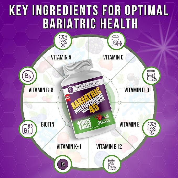 Procare Health Bariatric Multivitamin with Iron 45mg Chewable (90 Tablets) - Fruit Punch Flavor Bariatric Multivitamin Chewable Pills for Gastric Bypass &amp Sleeve Gastrectomy Patients (03 Month Sup