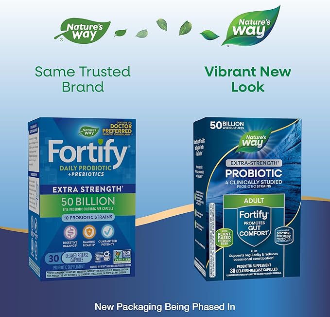 Nature's Way Extra Strength(1) Fortify Probiotic Probiotics for Digestive Health Prebiotics 50 Billion Live Cultures Digestive &amp Immune Health Support* 30 Capsules