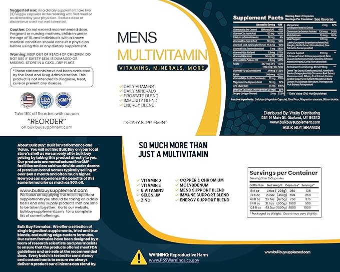 Daily Multivitamin &amp Men's Health Blend - 2000 Capsules of Vitamins Minerals Mens Health Antioxidants &amp Energy in a Clear Square Grip Jar