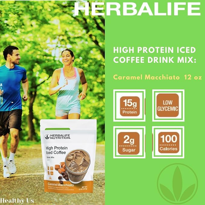 HERBALIFE NUTRITION High Protein Iced Coffee Drink Mix: (Caramel Macchiato 12 oz 347g) Energy and Protein Made From Real Coffee Low fat c