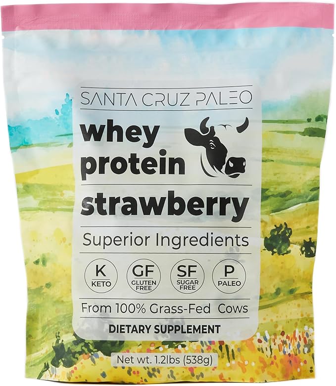 Santa Cruz Paleo Whey Protein Powder Strawberry 20g Grass Fed Whey Protein Isolate Per Serving Gluten Free Keto Sugar Free Paleo Natural Post Workout Muscle Support 20 Servings 1.2lb Bag
