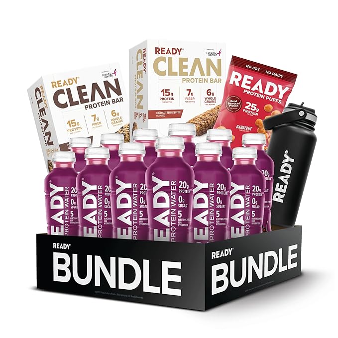 Ready® Best of Ready $99 Bundle – Black Cherry Protein Water Protein Bars Barbecue Puffs &amp Black Water Bottle | Amazon Exclusive