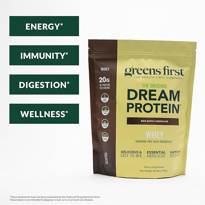 Greens First Dream Protein Powder Whey - 20g Protein Per Serving - Hormone-Free with Prebiotics - Non-GMO - No Artificial Sweeteners/MSG/Aspartame (Rich Dutch Chocolate 28.04 oz)