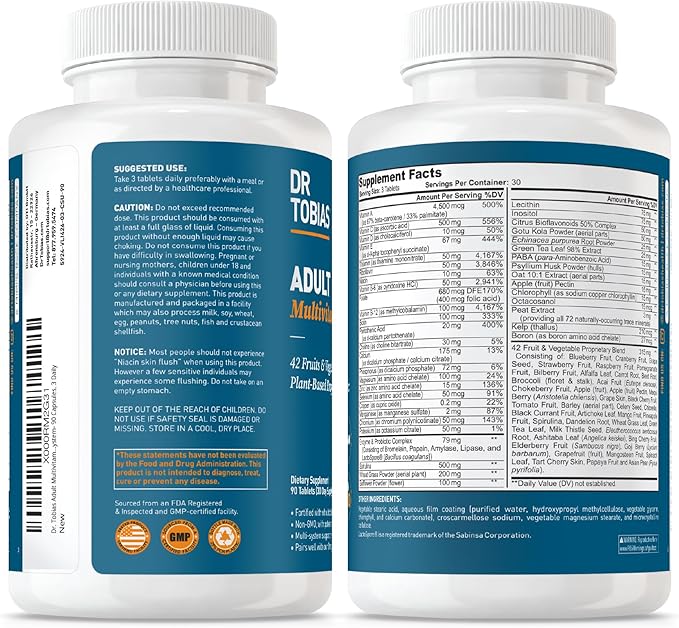 Dr. Tobias Adult Multivitamin for Women &amp Men Immune Supporting Vitamins from 42 Fruits Vegetables Plus Probiotics Vegan Multivitamins for Men &amp Women Non-GMO 90 Tablets 30 Servings