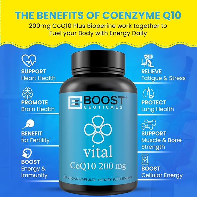 BoostCeuticals CoQ10 200mg Ubiquinone - Heart Health &amp Statin Muscle Support Cellular Energy Healthy Blood Pressure Range Powerful Antioxidant 90 Vegan Capsules