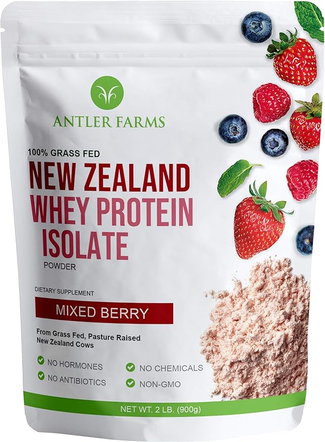 Antler Farms - 100% Grass Fed New Zealand Whey Protein Isolate Mixed Berry Flavor 30 Servings 2 lbs - Delicious Cold Processed Rapidly Absorbed Keto Friendly NO-Hormones NO-GMOs