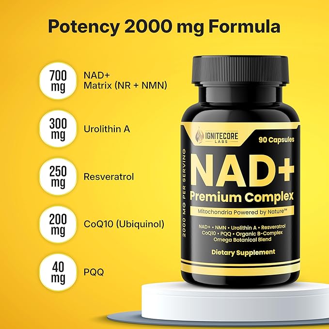 NAD+ Premium Complex 2000mg – NMN Nicotinamide Riboside Urolithin A Resveratrol CoQ10 PQQ Organic B‑Complex Omega Botanical Blend – Vegan Non‑GMO USDA Organic – 90 Capsules