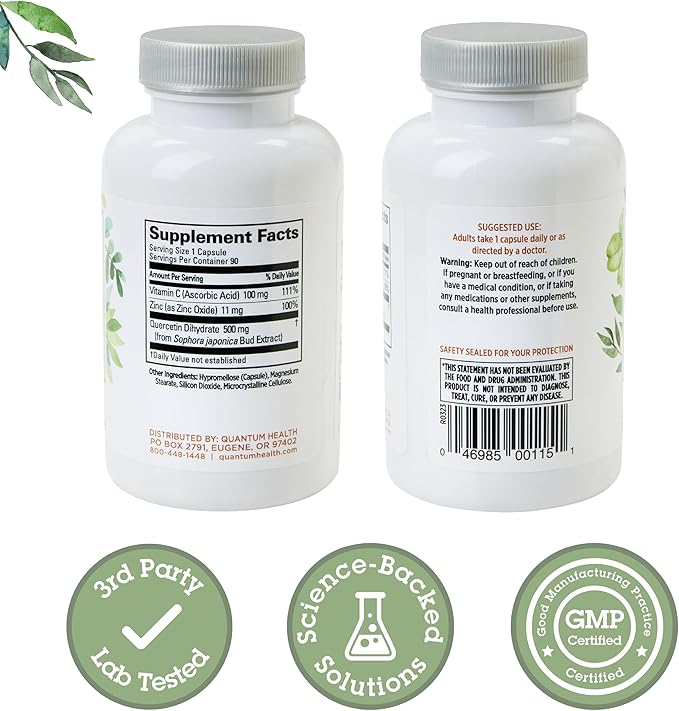 Quantum Health Quercetin 500+ Powerful Immune Support Supplement with Zinc 11 mg &amp Vitamin C 100 mg - Seasonal Immunity Boost Respiratory Health &amp Gut Support Complex for Women &amp Men - 90