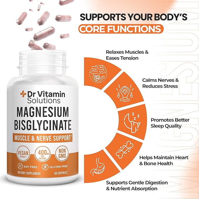 Magnesium Glycinate 400mg (Buffered Magnesium Bisglycinate Chelate) | Albion® Chelated Magnesium for Muscle &amp Nerve Support + Calm | High Absorption Gentle on Stomach (1 Bottle 60 Capsules)
