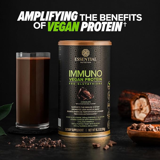 Essential Nutrition - Immuno Vegan - Plant-Based Protein Powder 16g Protein Per Serving Added Amino Acids &amp Multivitamin - Beta Glucan Glutathione Production - Chocolate - 18.2oz