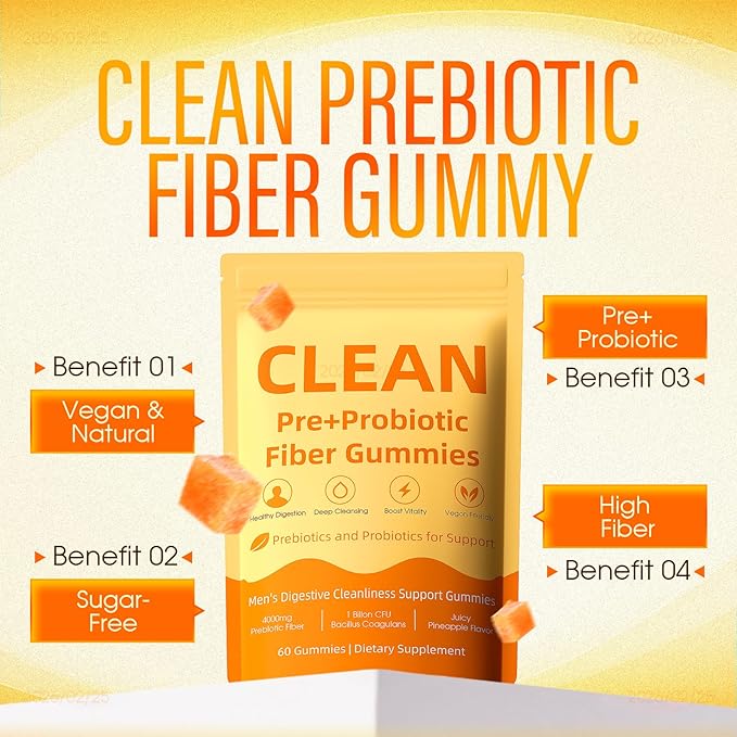 Clean Prebiotic Fiber Gummy Prebiotic Fiber Gummies for Men Improves Digestion Digestive Gut Health 60 Count (1)
