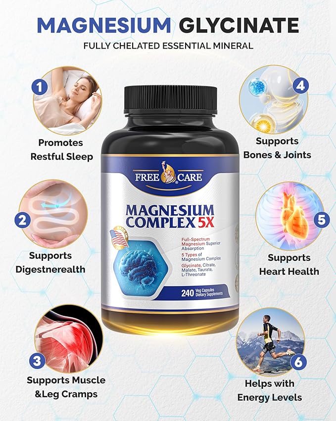 Five-Form Magnesium Complex 820mg High Absorption with GlycinateCitrate MalateTaurate &amp L-Threonate for Sleep Mood Muscle Relaxation &amp Nerve Function – Vegan Non-GMO Made in USA – 240 C
