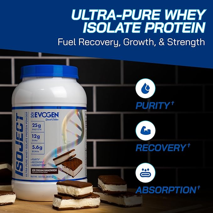 Evogen Isoject - Whey Protein Isolate | Ultra-Pure Whey Protein Powder with Ignitor Enzymes BCAAs and EAAs | Enhanced Absorption &amp Recovery | Ice Cream Sandwich | 25 Servings