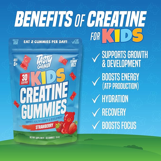TASTY GAINS Kids Creatine Gummies with Vitamin B12 for Growth Support Kids Vitamin Gummies for Daily Nutrition Support Gummy Vitamins for Kids Easy Chew Supplement for Children