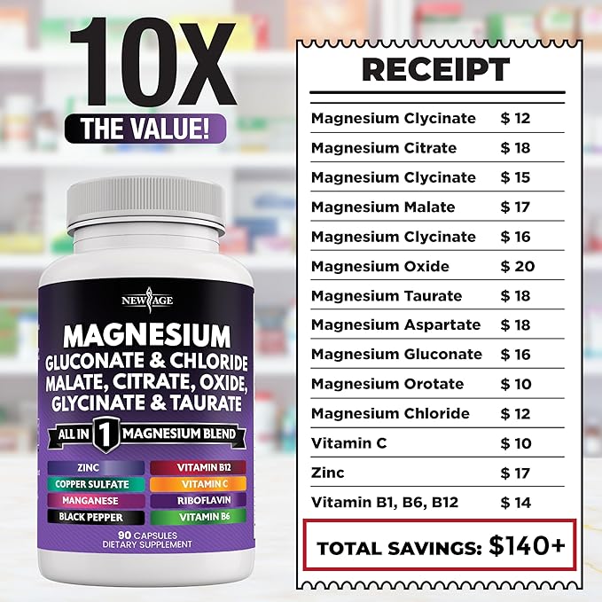 NEW AGE Magnesium Supplement -Powerful Glycinate Citrate Malate Oxide Taurate Aspartate Gluconate Orotate &amp Mag Chloride Manganese Joint Support- 180 Count