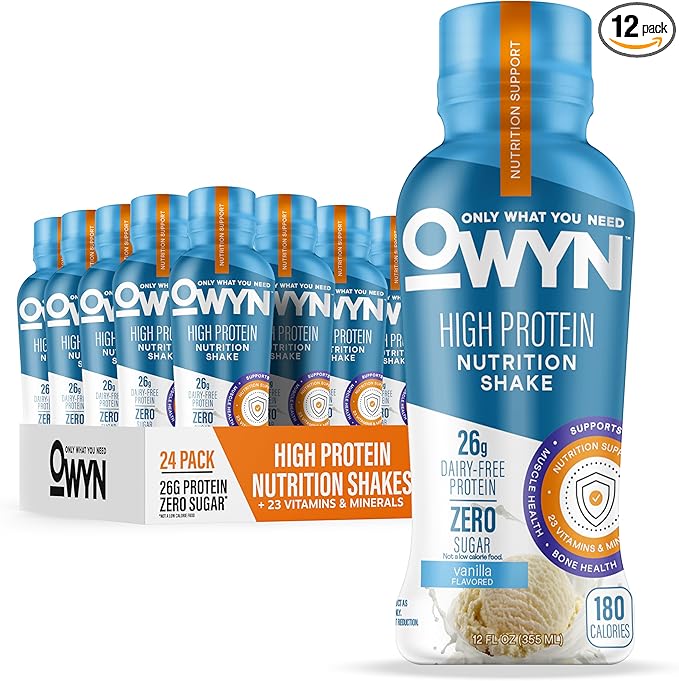 OWYN Only What You Need High Protein Shake Vanilla Flavored 26g Protein 0g Sugar 3g Fiber Dairy Free Plant Based Protein Drink 12 Count