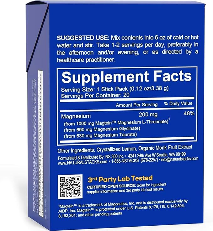 MagTech Magnesium Drink Mix - Sugar Free Lemonade - 3 Forms of Magnesium: Magtein L-Threonate Glycinate &amp Taurate - 200mg Chelated Magnesium Complex - Supports Relaxation &amp Brain Health - 20