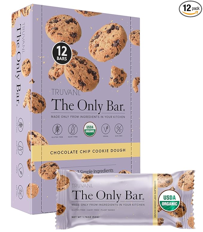 Truvani Plant Based Snack Bars | Chocolate Chip Cookie Dough 12 Pack | 5g Protein | USDA Organic and Vegan | The Only Bar | Dairy Soy and Gluten Free | Individually Wrapped